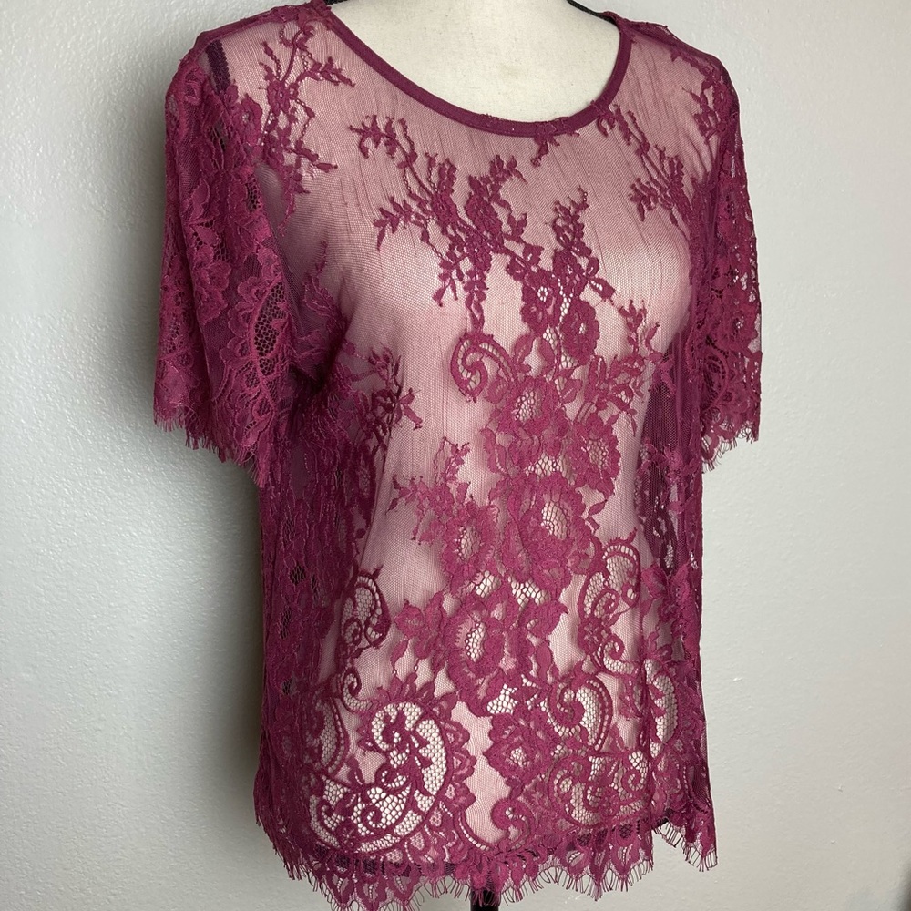 Sheer Mesh & Lace Blouse || Relaxed Fit || Bohemian || Burgundy Pink